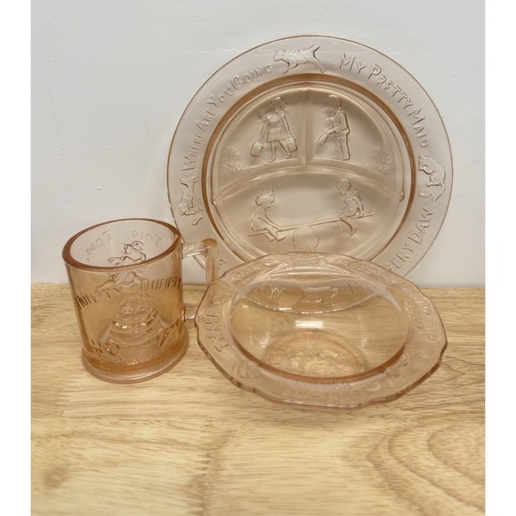 Vtg Tiara Indiana Glass Pink Nursery Rhyme Plate Mug Bowl Set Mother Goose #57 - Picture 1 of 5